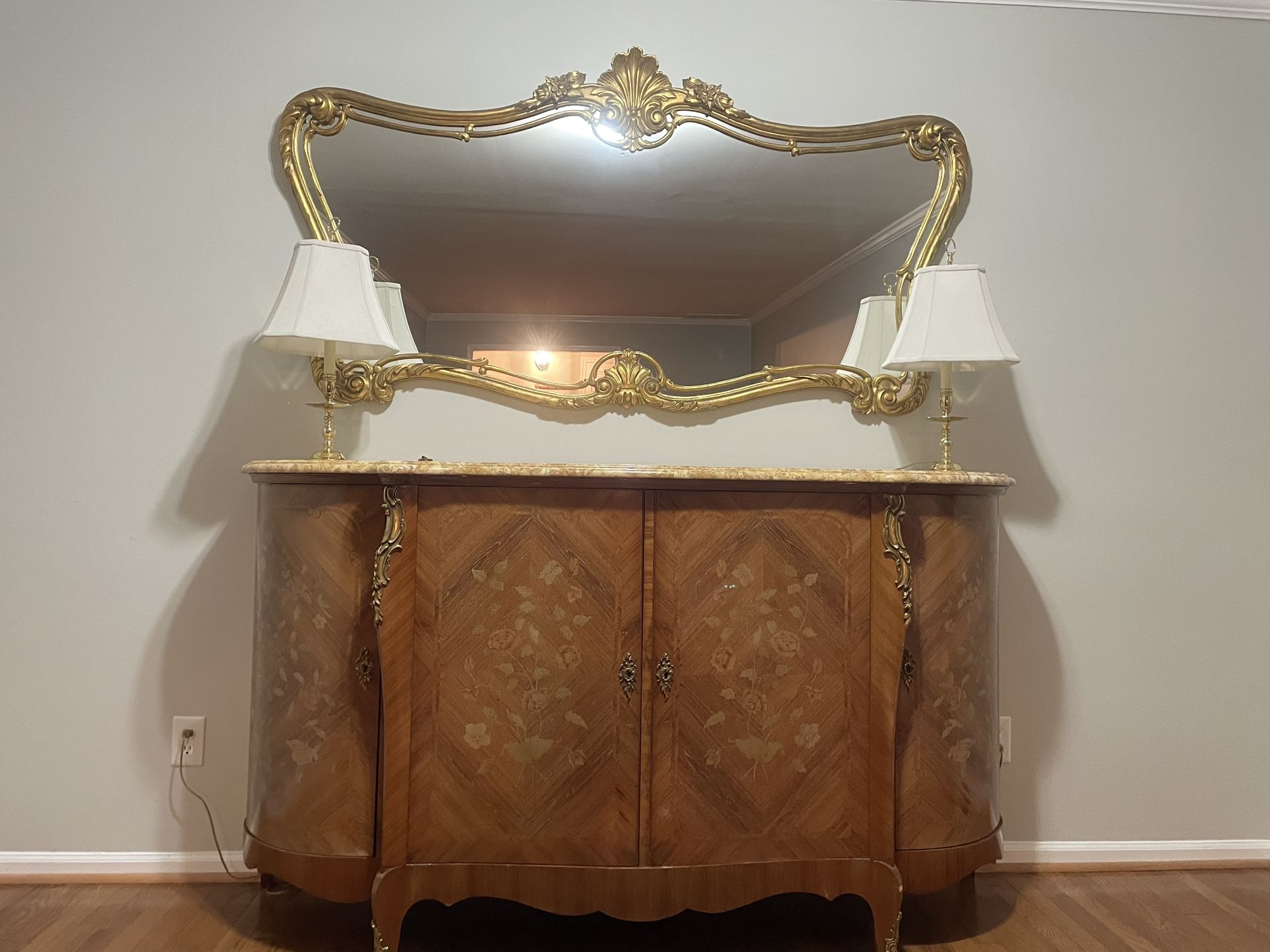 Marble Top Antique Batesville French Provincial Louis XV Carpathian Elm Sideboard Buffet 65"