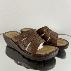 EARTH SPIRIT Light Brown Leather Boho Pine Stud Floral Stitch Platform Sandals