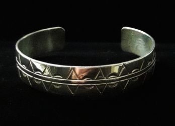 7" •RARE• Navajo signed, P. C. (Presley & Della Curley), Artisan Handcrafted Sterling Silver Hand Stamped Bracelet
