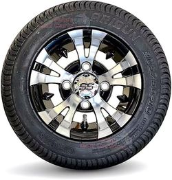 181]10" VAMPIRE Machined Black Aluminum Golf Cart Wheels and 205/50-10 Low Profile Golf Cart Tires Combo - Set of 4 (18" tall) (EZGO/Club Car (1/2 x 2