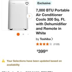 Toshiba Portable Air Conditioner - 10,000 BTU(7000 BTU Equivalent)