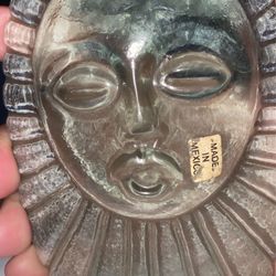 Mid Century Art Glass Face Sculpture Mask. Decorated With Fish And Dancing Figures. 