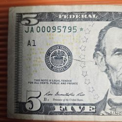 $ 5 Dollar Star Note Fancy Serial Number  ( Pickup Only  )
