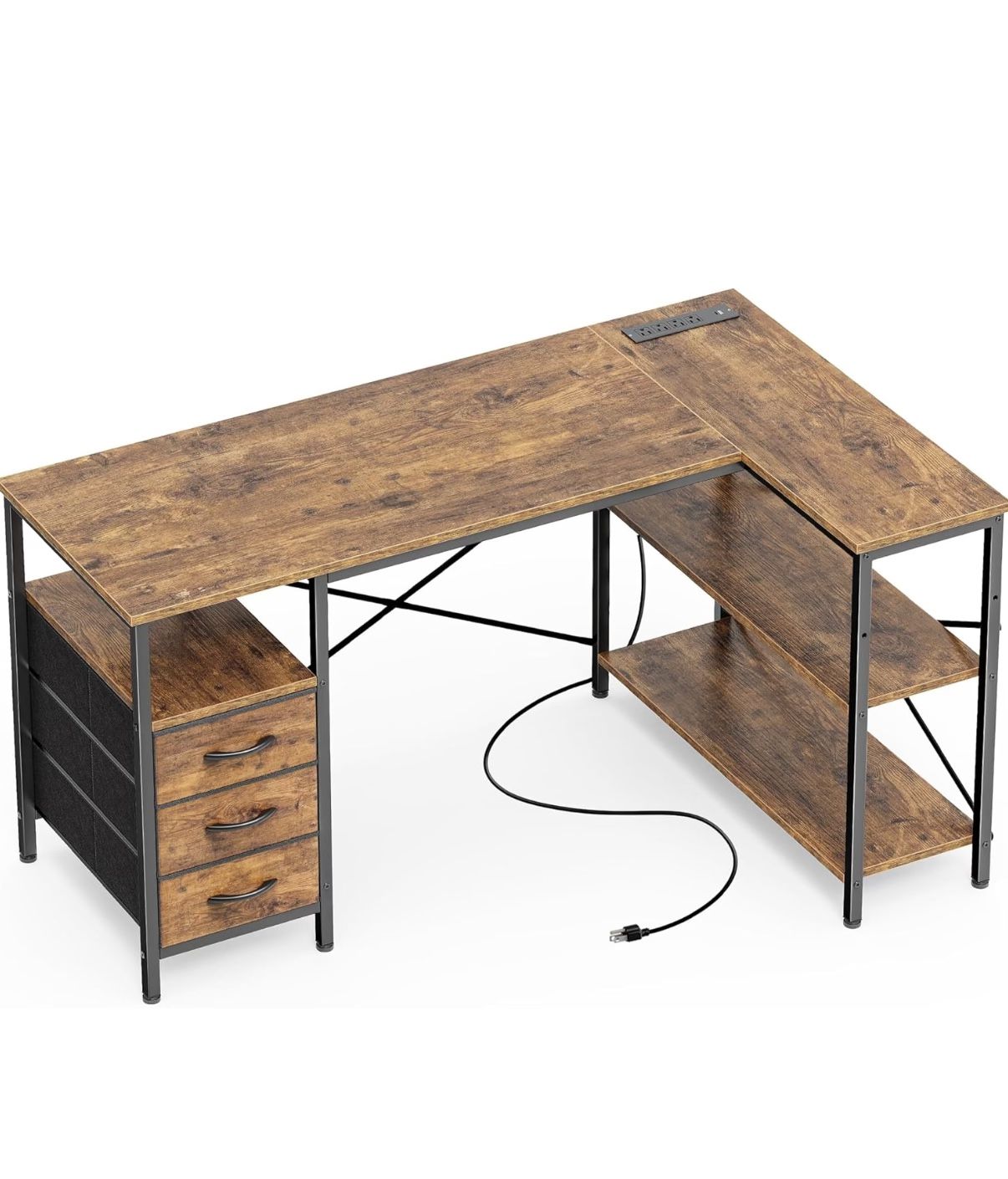 Huuger L Shaped Office Desk with Power Outlets, 47 Inch Desk with 3 Drawers, Shelves, for Gaming, Corner Work, Home Office, Study, Rustic Brown