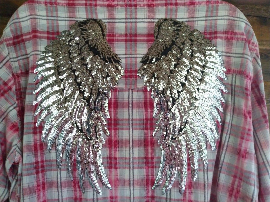 Ladies Plaid Sleeve Collared W/ Angel wingS