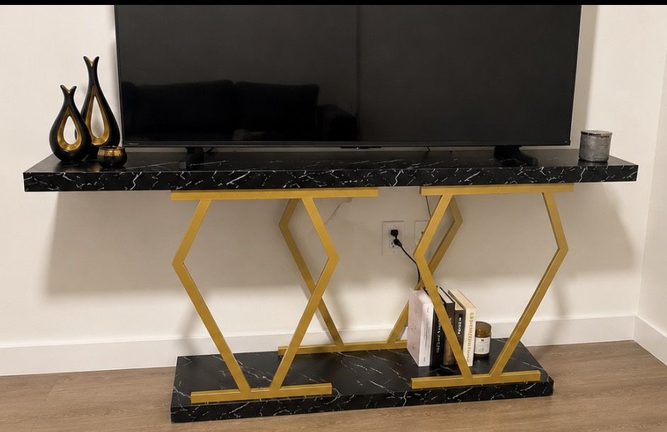 Luxury Black & Gold TV Stand Console Table – Modern Marble Design