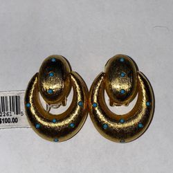 Vintage Kenneth Jay Lane Gold And Turquoise Door Knocker Earrings 