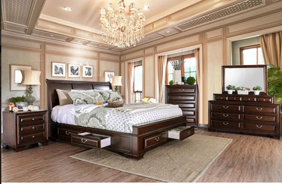 Brand New Brown Cherry 4pc Queen Bedroom Set (Available In California & Eastern King)