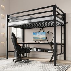 Black Twin Size Metal Loft Bed with Removable Ladder & Safety Guard