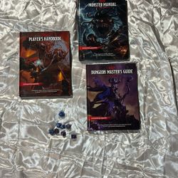 D&D players, handbook, monster manual, and dungeons, Master guide and Dice set