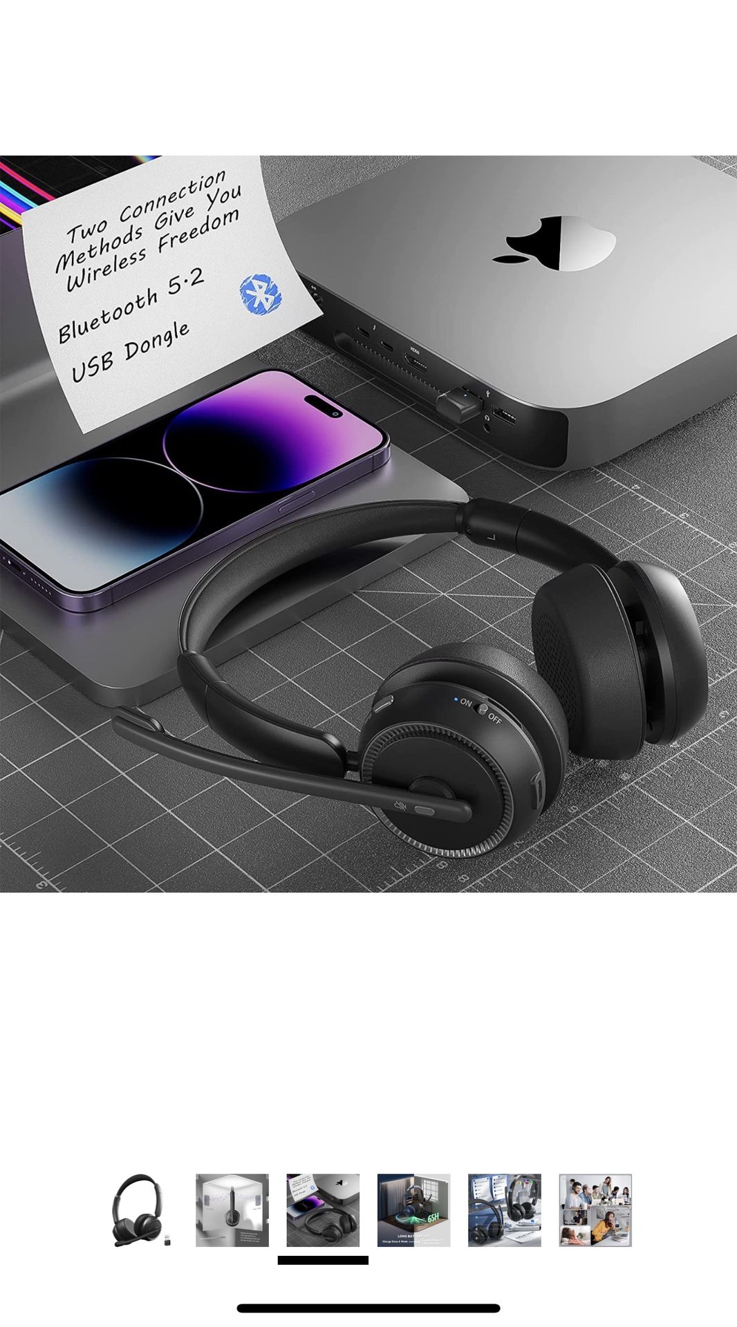 Wireless Headset with Microphone for PC, Bluetooth Headset with Noise Canceling Microphone & HI-FI Stereo Sound, USB Wireless Headset for Laptop, 65 H