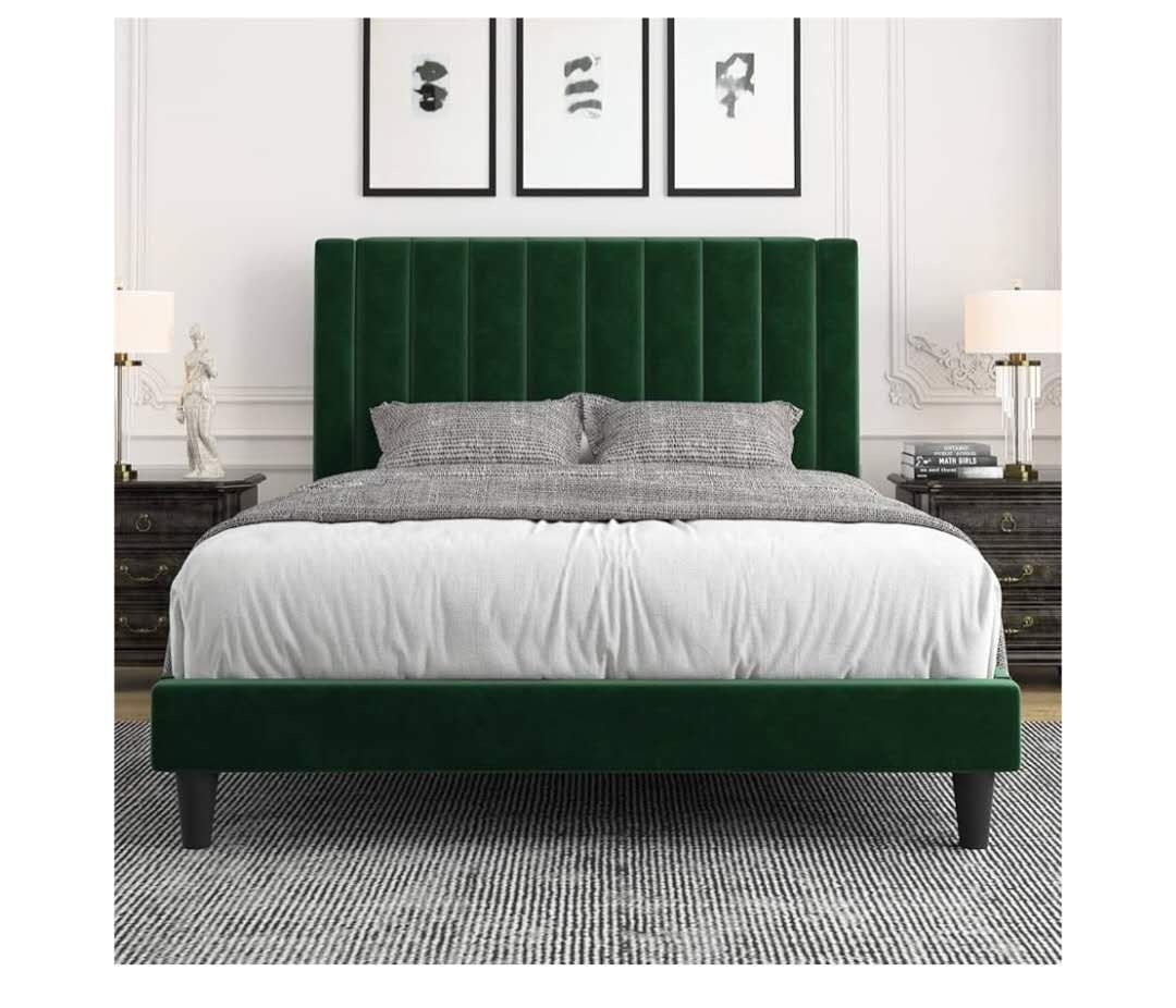 Allewie Full Bed Frame/Velvet Upholstered Bed Frame with Vertical Channel Tufted Headboard/Strong Wooden Slats/Platform Bed Frame/Mattress Foundation/