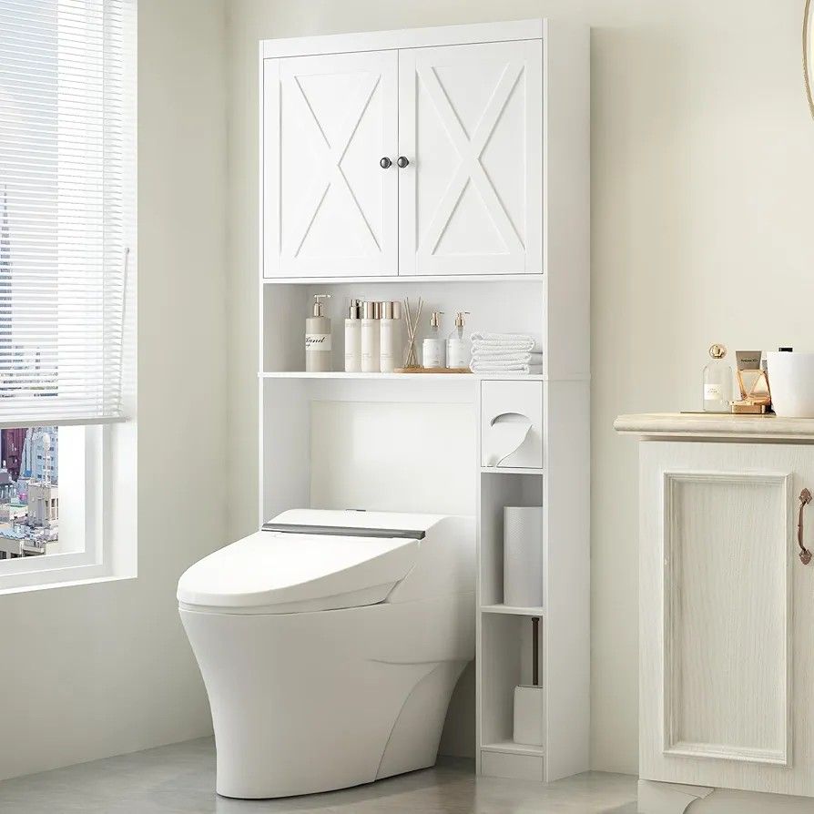 Over The Toilet Storage Cabinet, Farmhouse Storage Cabinet Bathroom Organizers with Barn Door Home Space-Saving Toilet Rack with Anti-Tip Device & Adj