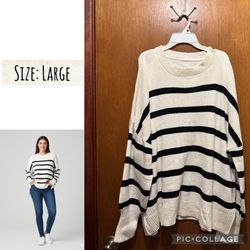 White and Black Striped Knit Crewneck Sweater