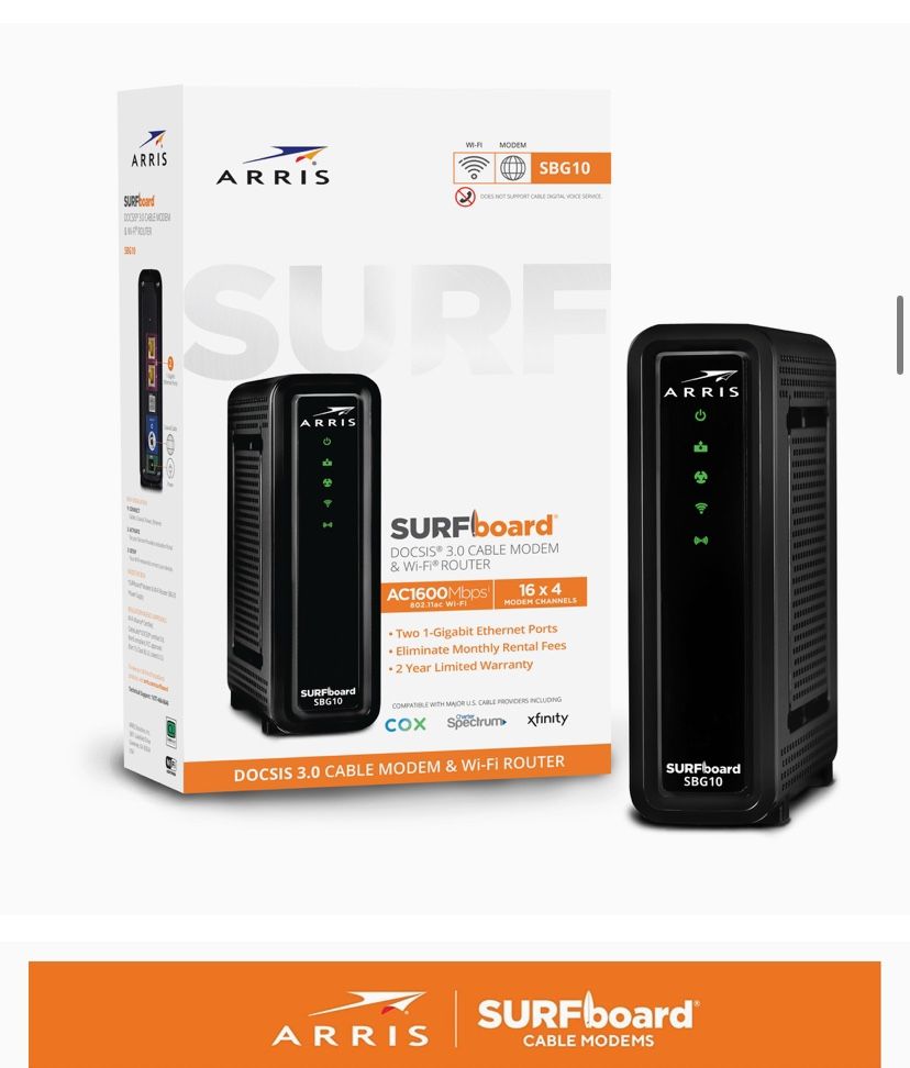ARRIS SURFboard SBG10 DOCSIS 3.0 16x 4 Gigabit Cable Modem & AC1600 Wi-Fi Router