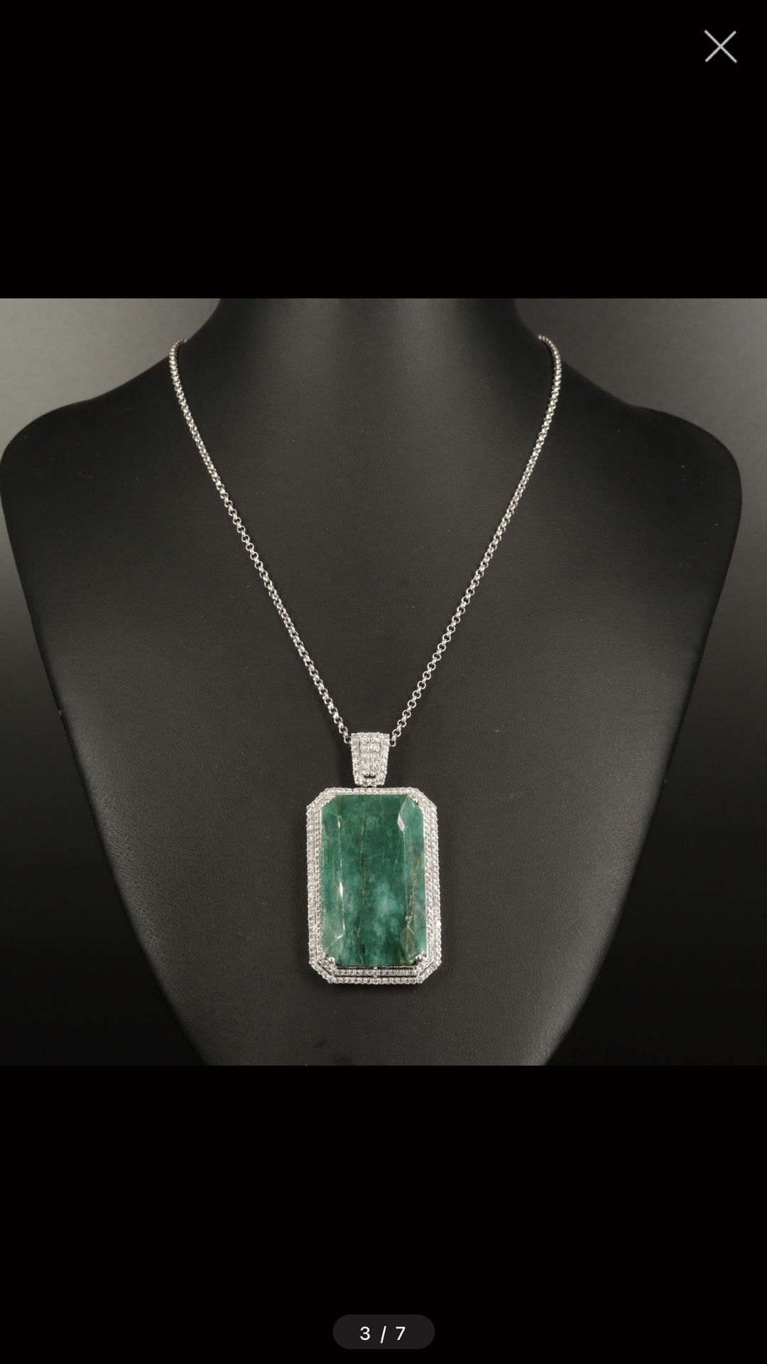 Big Green Emerald 100 Carats White Sapphire Sterling Silver Pendant Necklace 19” Inches Long Chain