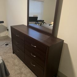 Dark Wood 6-Drawer Dresser with Mirror