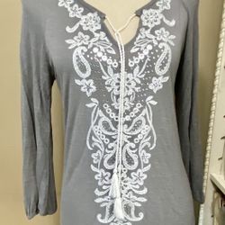 INC International Concepts Gray Embroidered Beaded 3/4 Sleeve Tunic Top Womens S 