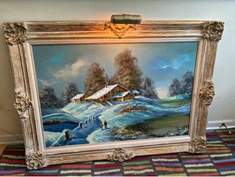 Vintage Original Winter Oil Painting with Overhead Picture Light Snowy Chalet Village Landscape Scene Ornate Frame