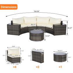 Outdoor Patio Furniture 7-Piece Half-Moon Sectional Round Patio Furniture Set Sofa with Tempered Glass Round Coffee Table