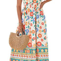 GRACE KARIN Women's Floral Boho Dress Hawaiian Dresse Short Sleeve V Neck