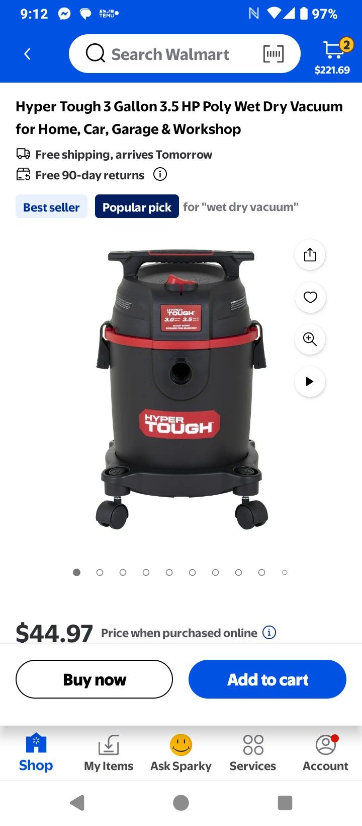 HYPER TOUGH 3 GALLON WET/DRY SHOP VAC