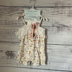 NWT Floral Baby Romper with Sunglasses and matching hat size 6-9 months