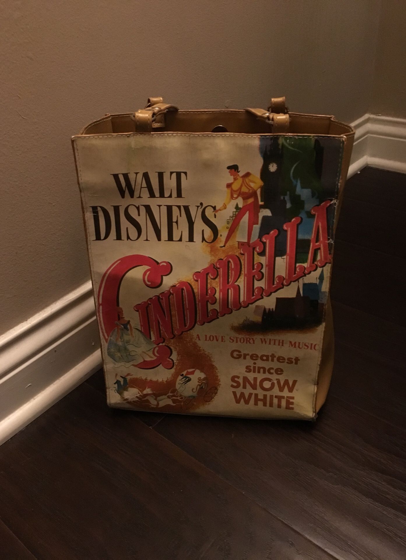 Walt Disney’s Cinderella vinyl tote bag, “A Love Story With Music, Greatest Since Snow White”