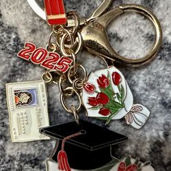 RED- 2025 GRAD KEYCHAIN! CUTE ACCESSORIES! RED FLOWER BOUQUET, CAP, ID, / Use For Purse/keys 