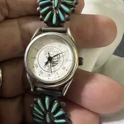 Navajo Sterling Silver And Turquoise Zuni Watch Signed  Lena $ Zuni 