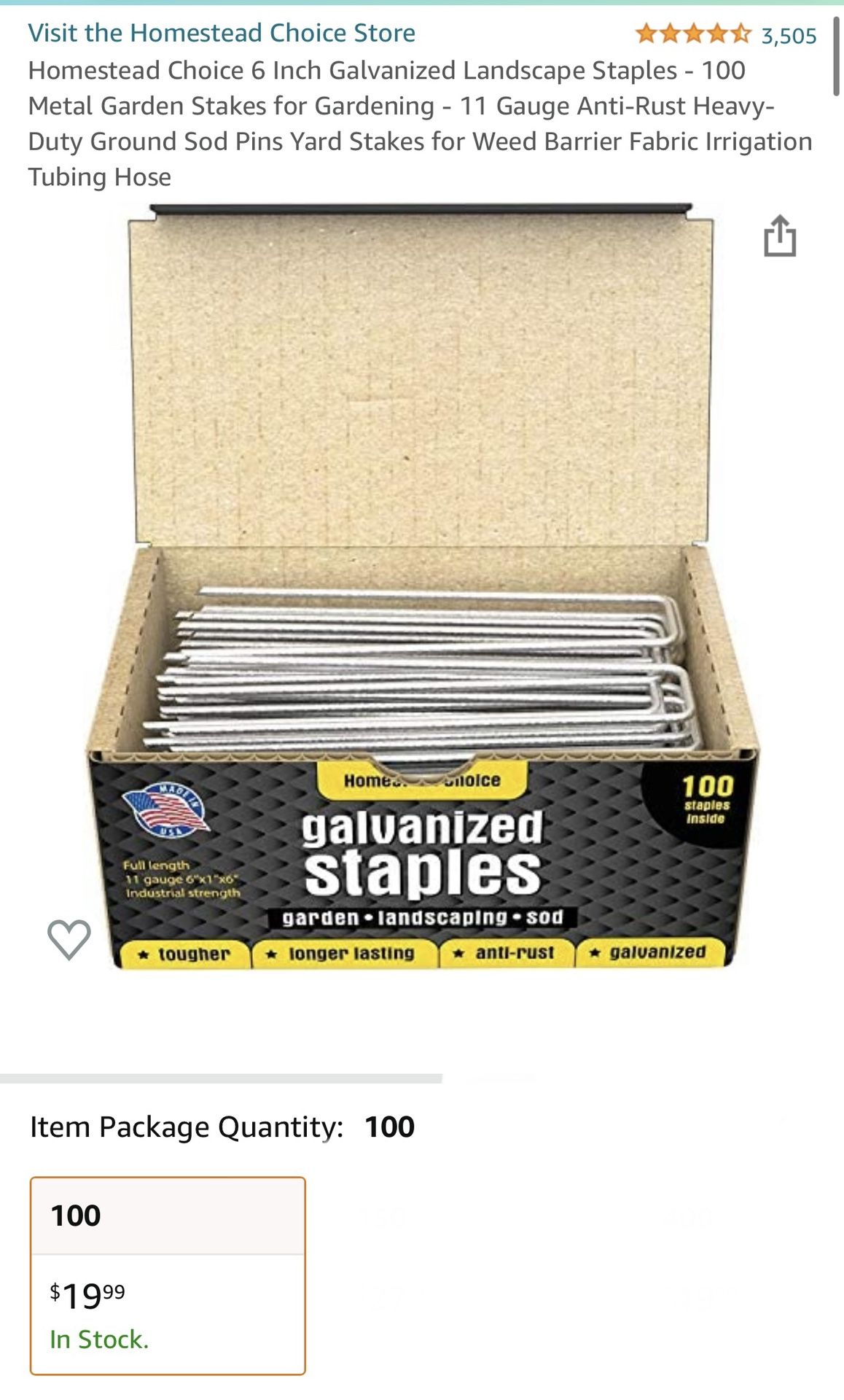 Galvanized staples, 6in, 100 Pieces, New