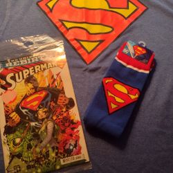 Superman, Men's Large T-shirt w NEW Socks, DC Universe Rebirth #1 Comic Book & Free Thank You Gift 