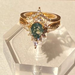 Moss Agate Gold Ring Set 925 Sz 6 