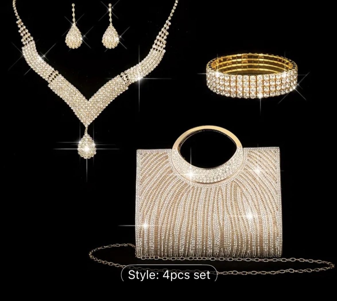 4 Pcs Sparkly Rhinestone Striped Tote with Sparkling Water Brick Necklace, Earrings and Bracelet Set