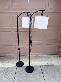 Arc Floor Lamps with Drum Shades – Set of 2
