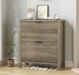 Fluted Shoe Cabinet Storage with 2 Flip Drawers,Freestanding Shoe Organizer , Grey
