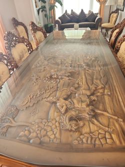 Large Hand-Carved Wood Dining Table with Glass Top