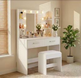 New Make up Vanity Desk with Mirror and Power Outlet, Vanity with 3 Color Light Options Adjustable Brightness,Vanity Desk with 2 Drawers, 6 Storage Sh