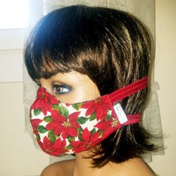 Ladies Reversible Poinsettias Floral Christmas Face Mask Handmade Womens Standard Size Red Black Flowers Elastic Straps