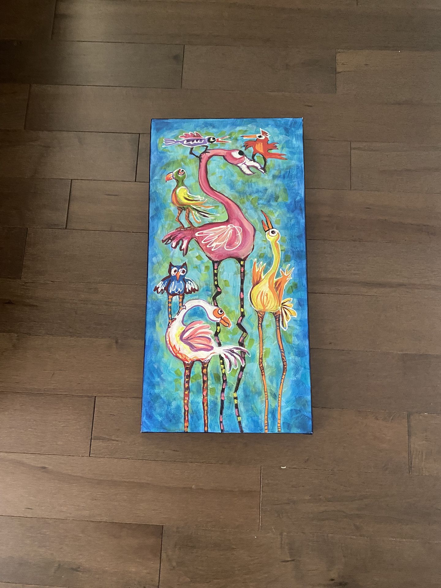 An painting from the, Louise Runion Gallery, painting named “Long Legged Birds”.