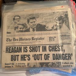 REAGAN IS SHOT IN CHEST, BUT HE’S “OUT OF DANGER!” The Des Moines Register 