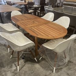 OPEN BOX 7PC Oval Extendable Dining Set – 100% FSC Solid Wood | Modern Outdoor Patio Furniture | Heavy Duty Commercial Grade | Closeout Deal | Deliver
