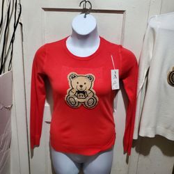 Red Knit Sweater with Teddy Bear Love Appliqué SIZE L/XL