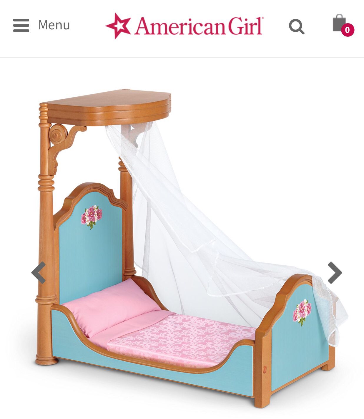 American Girl Doll wood bed with netting & bedding