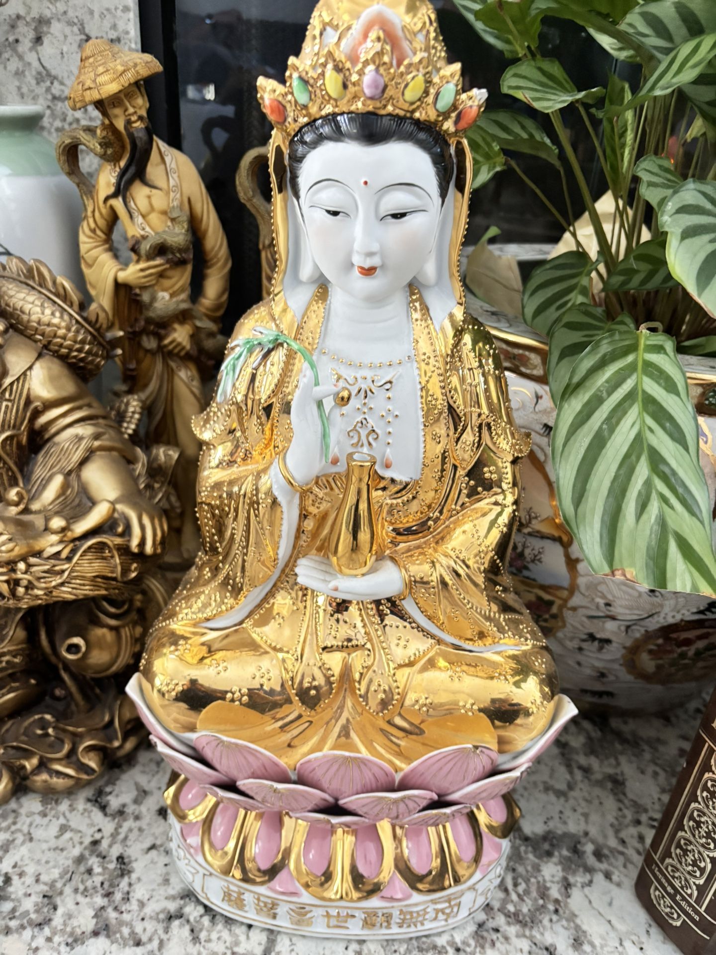 Vintage Kwan Yin Goddess of Mercy & Protection Seated on Pink Lotus