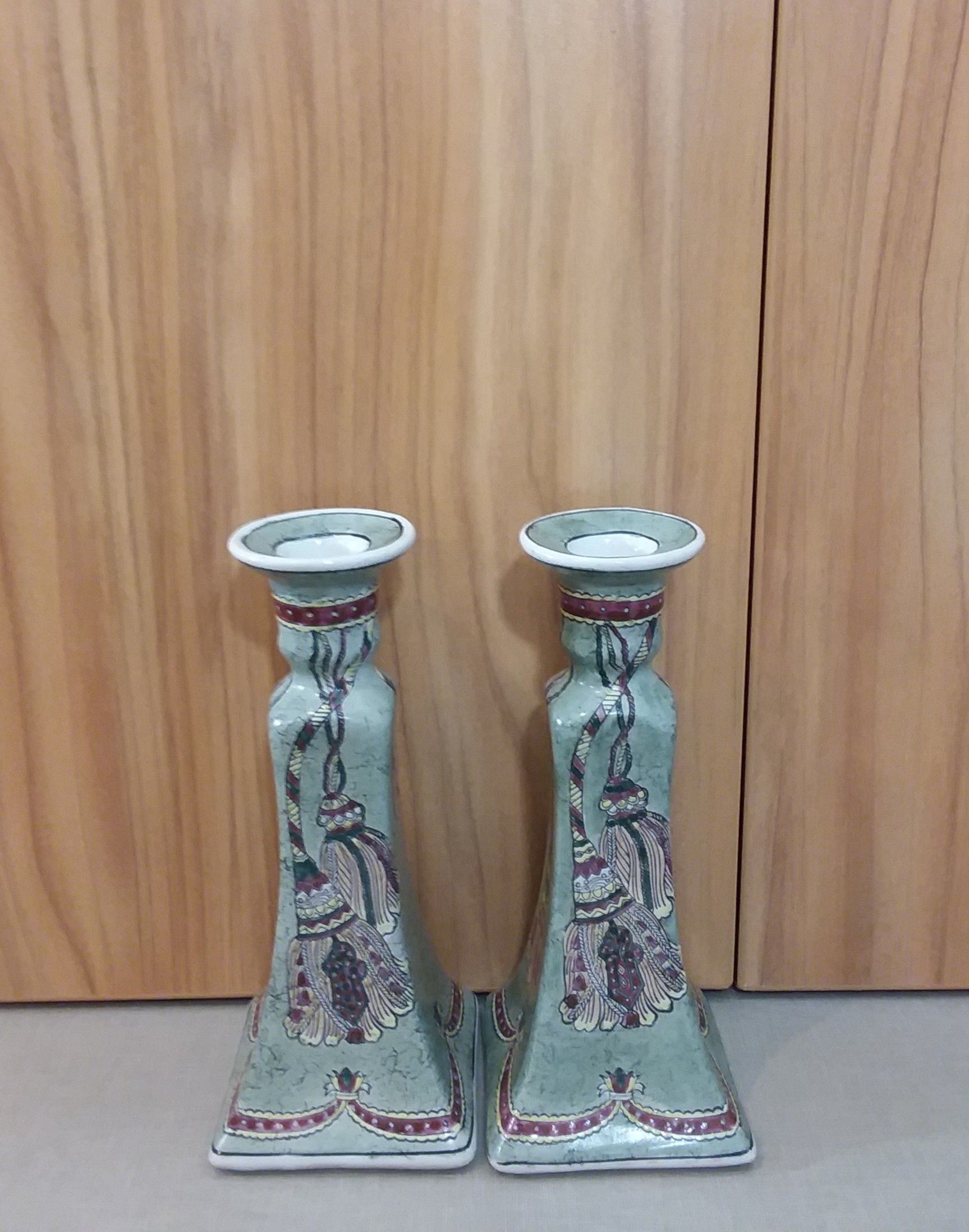 Oriental Porcelain Tassels Candlestick Holders