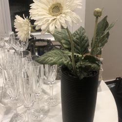 Tall Dark Brownish Black Vase With White Flowers