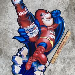 🔥Rare Vintage Bud Man Superman Metal Beer Bar Sign VERY GOOD CONDITION 