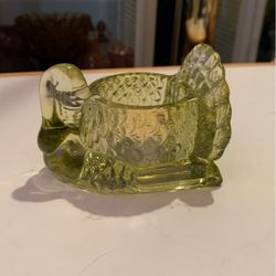 Vintage Green Pressed Glass Turkey Candle Votive Holder