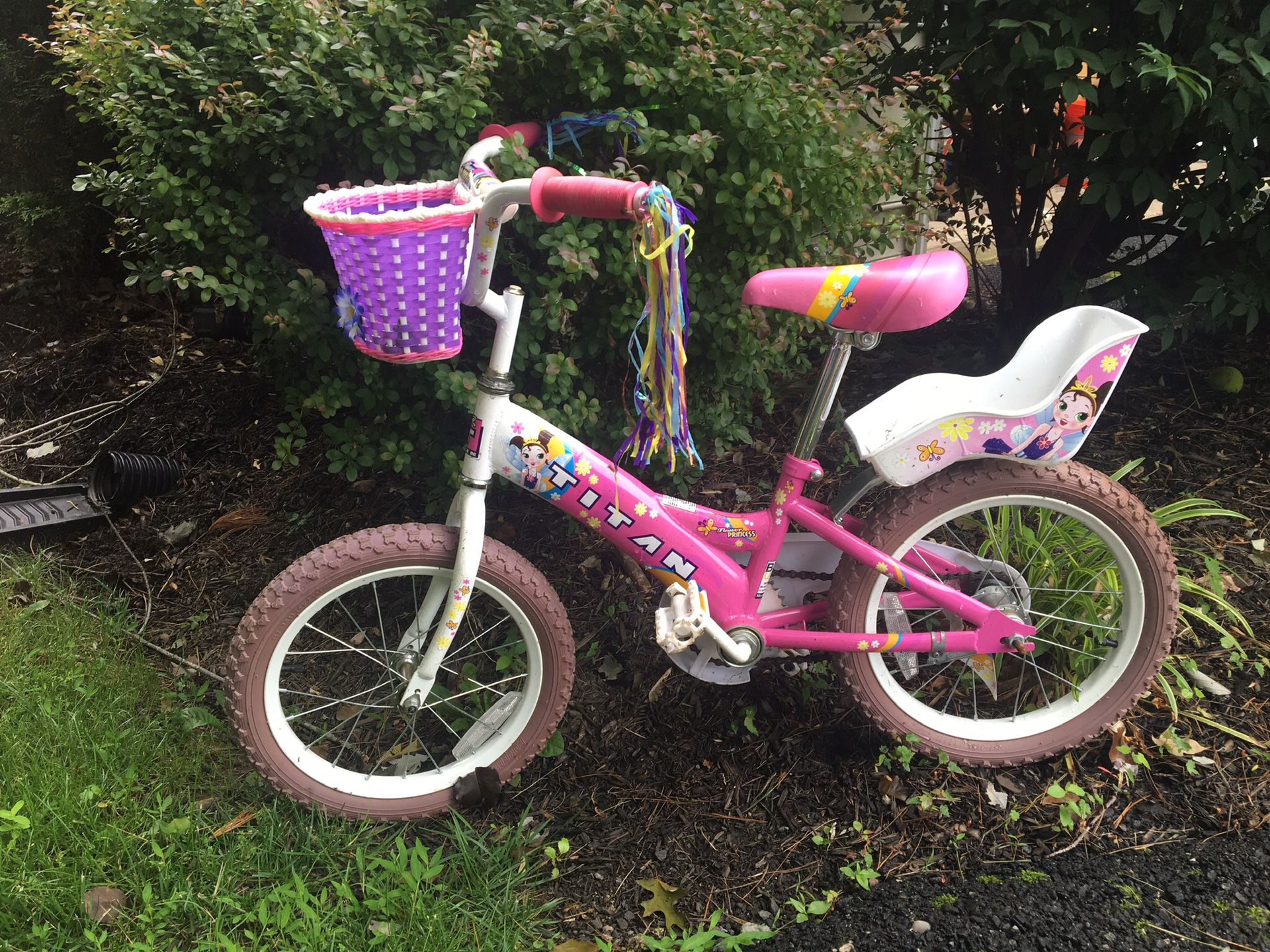 Titan Girls Flower Princess 16” BMX Bike with basket and doll seat.